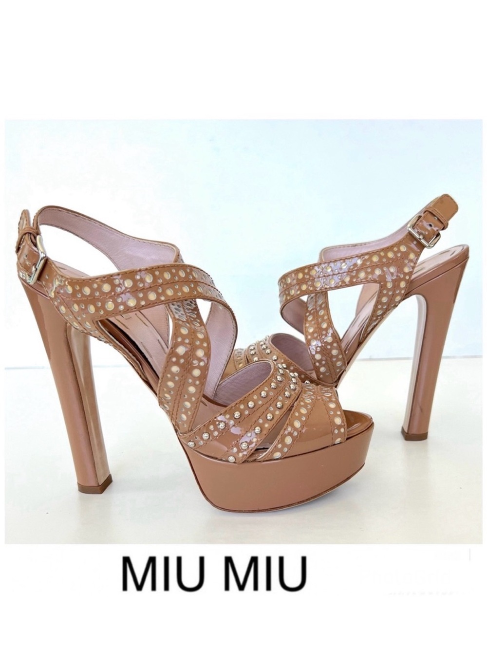 MIU MIU Patent Leather Eyelet Studded Trim Slingback Platform Sandal Heels Sz 38